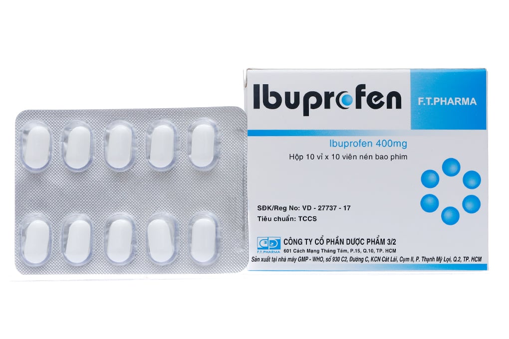 Ibuprofen F.T Pharma 400mg giảm đau, hạ sốt, kháng viêm (10 vỉ x 10 viên)