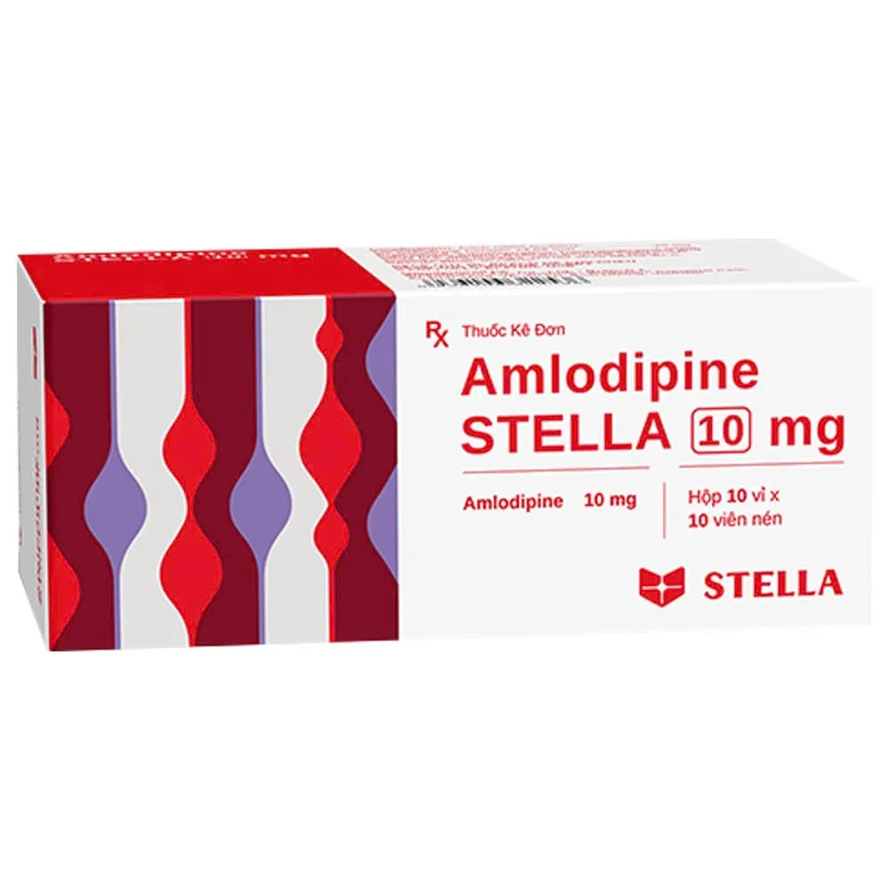 Amlodipine 10mg Stella (H/100v) - Viên nén điều trị tăng huyết áp, đau thắt ngực (10 vỉ x 10 viên)