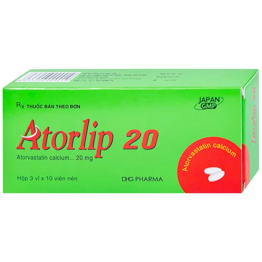 Atorlip 20mg DHG (H/30v) - Thuốc điều trị tăng cholesterol toàn phần và LDL-cholesterol (3 vỉ x 10 viên)