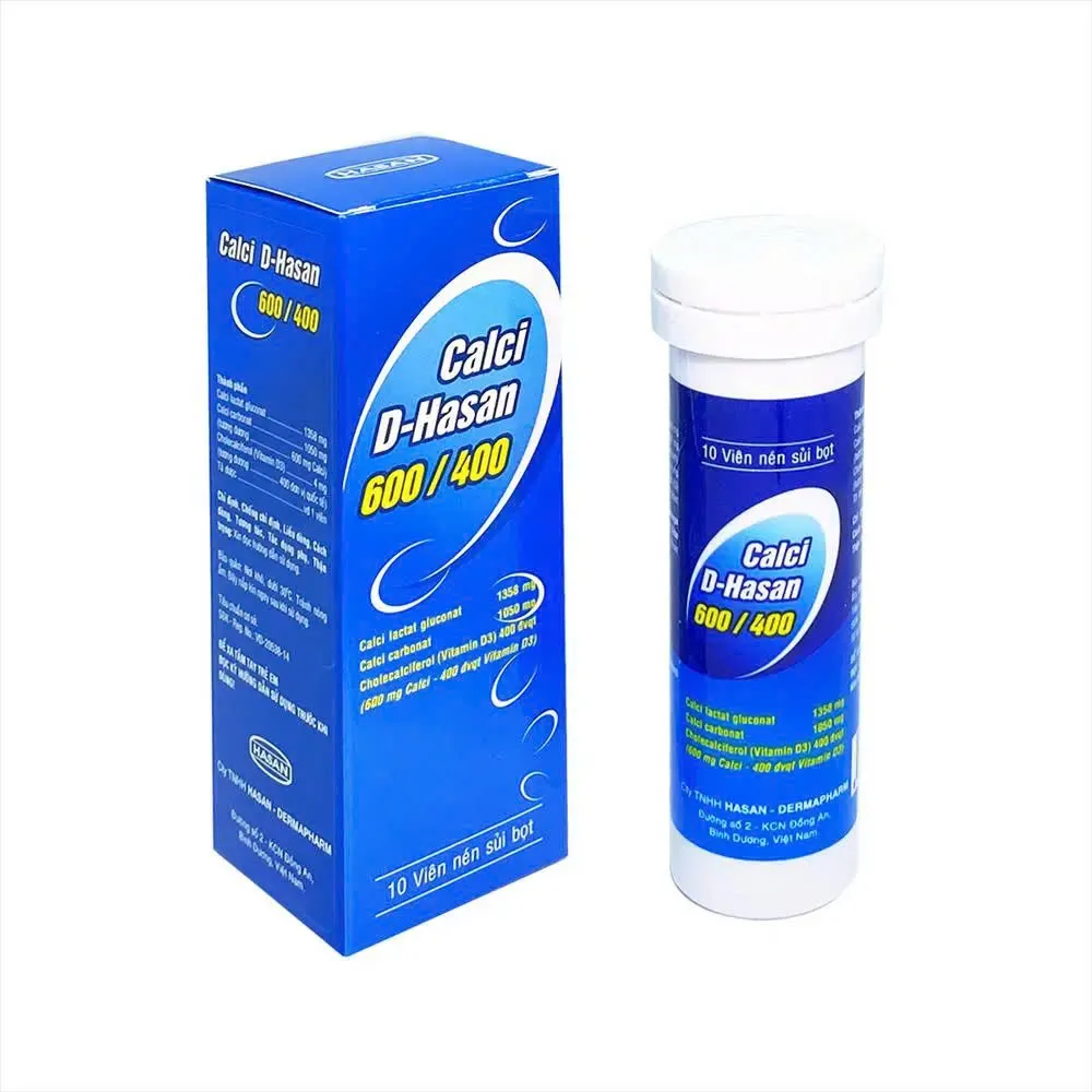 Calci D 600/400 Hasan (T/10v) – Viên sủi bổ sung Canxi + D₃, phòng &amp; điều trị loãng xương