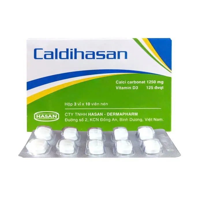 Caldi Hasan (H/30v) – Canxi carbonate 1250 mg + Vitamin D3 125 IU, phòng &amp; điều trị loãng xương