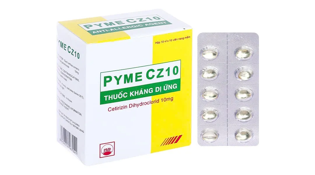 Cetirizine CZ10mg Pyme (H/100v) – Giảm nhanh viêm mũi dị ứng & mày đay, tiện lợi hàng ngày