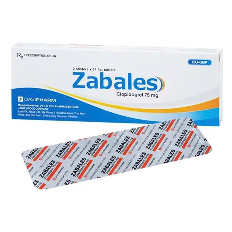 Thuốc Zabales 75mg Davipharm dự phòng rối loạn nghẽn mạch như nhồi máu, đột quỵ và xơ vữa động mạch (2 vỉ x 14 viên)
